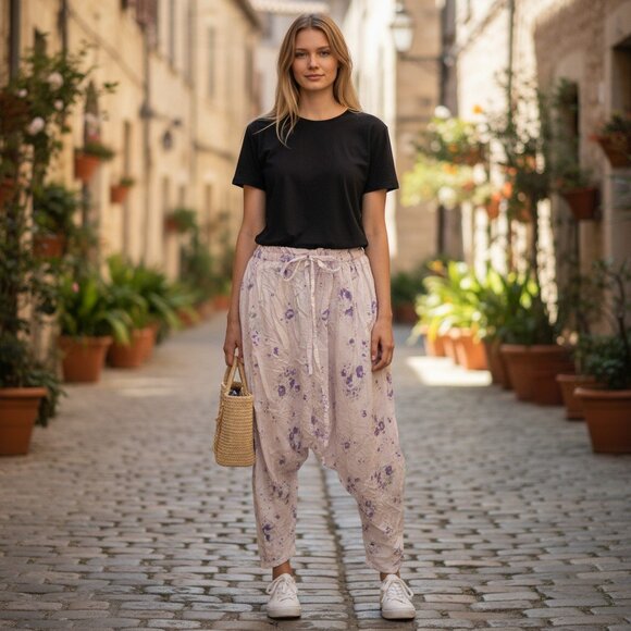 Magnolia Pearl Purple Ivory Floral Adjustable Bloomers Slacks - Picture 1 of 11